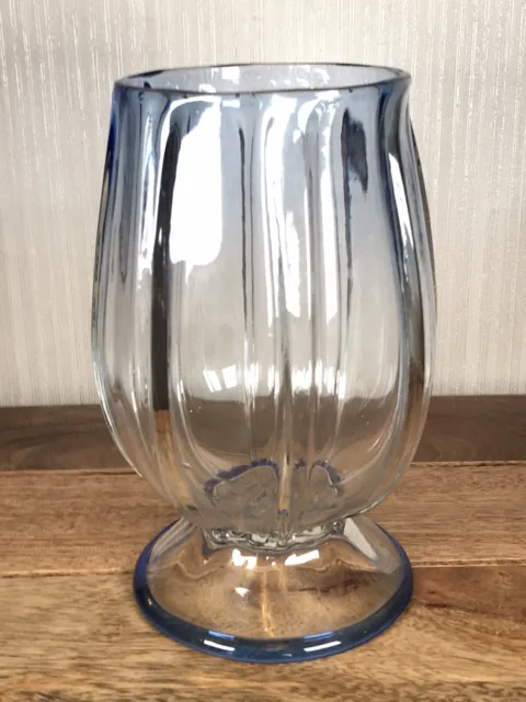 Vintage Art Deco Gray-Stan Blue Glass Fluted Vase 20cm High With Provenance