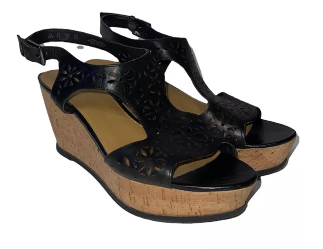 Franco Sarto Artist Collection Flirt Wedge Sandals Sz 8.5 Black Leather *READ*