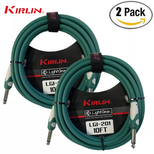 2 PACK Kirlin 10FT Guitar Instrument Patch Cable GREEN Free Cable Tie 1/4" NEW