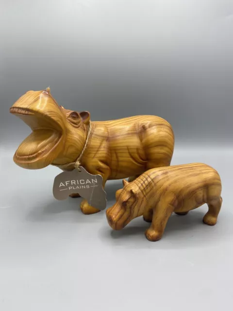 Wooden Hippo Hippopotamus x 2 Ornament Tactile Solid Carved Africa Safari Decor