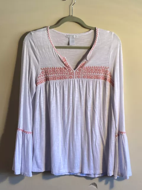 DESIGN History Top White w Emboidery Boho Hippie Top Tunic Bell Sleeves Sz M