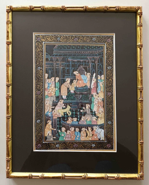 Indische Miniaturmalerei, Stoff, Mogul Palastszene, Rajasthan, Indien, 20. Jh.