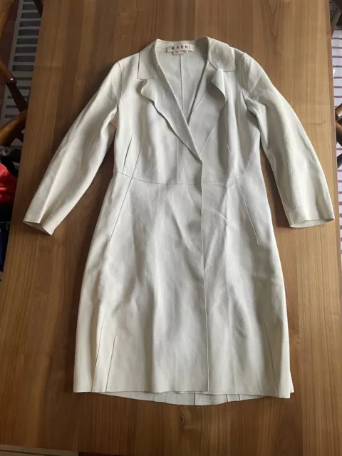 Marni White Leather Long Jacket Size Medium (44) Trench Italian Coat