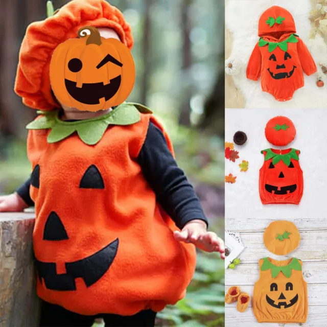 Toddler Baby Boys Girls Halloween Pumpkin Cosplay Costume Tops Hat Outfits Set