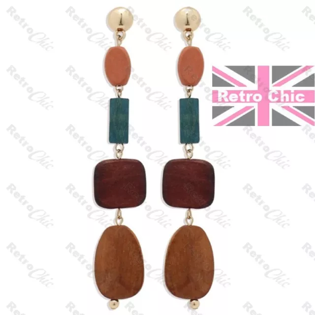 BIG 11cm Long Multi Wood Bead Geometric Boho Green Brown Gold Earrings RETRO