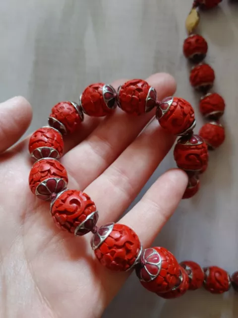 Vintage necklace Cinnabar style carved red beads silver tone Cloisonne end caps