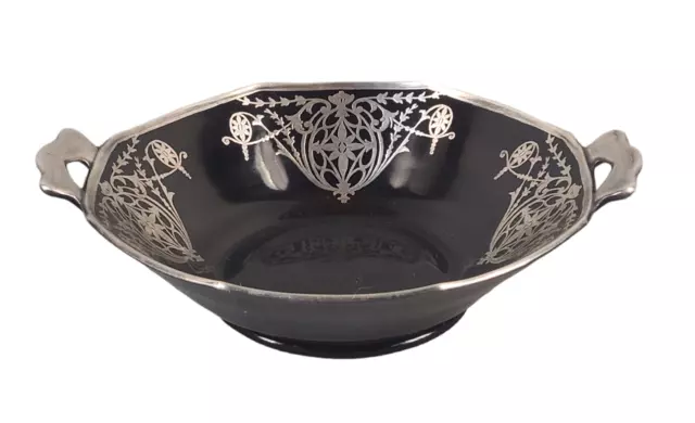 Vintage Art Nouveau Sterling Silver Overlay Black Class Handled Center Bowl