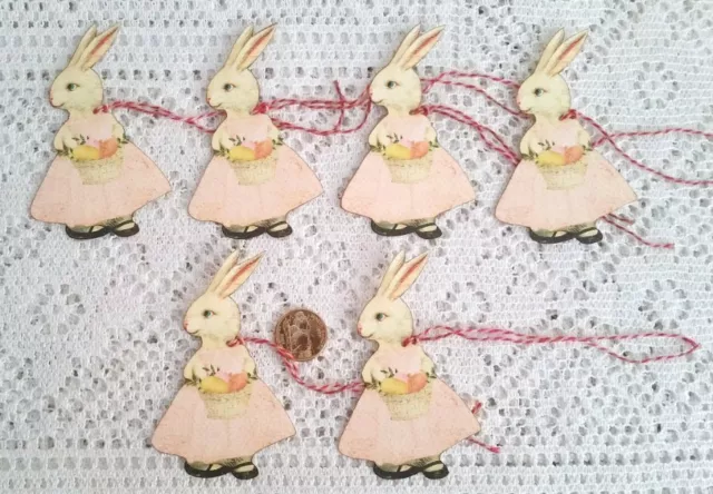 6~Easter~Primitive~Bunny~Fussy Cut~Linen Cardstock~Gift~Hang~Tags~Ornies