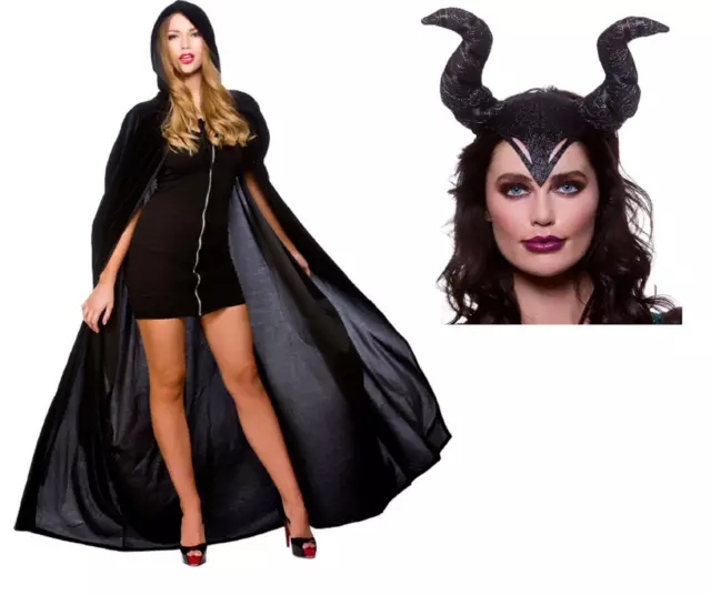Adult Ladies Evil Witch Halloween Fancy Dress Costume Black Cape & Gothic Horns