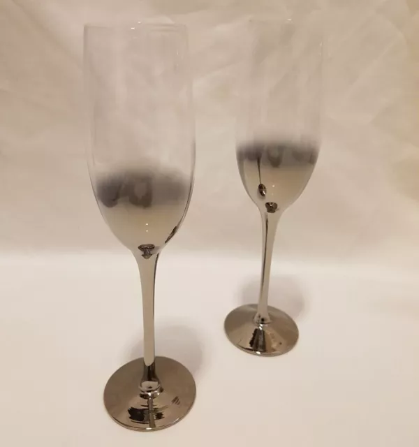 ❀ڿڰۣ❀ STUDIO ART GLASS Set of 2 CLEAR & MIRRORED Glass CHAMPAGNE FLUTE GLASSES ❀