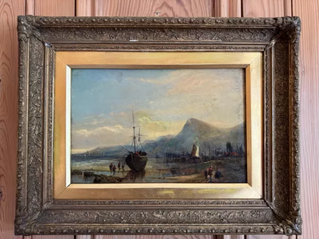 Antique oil painting seascape with boats by WM Hunt 19th century in gilt frame