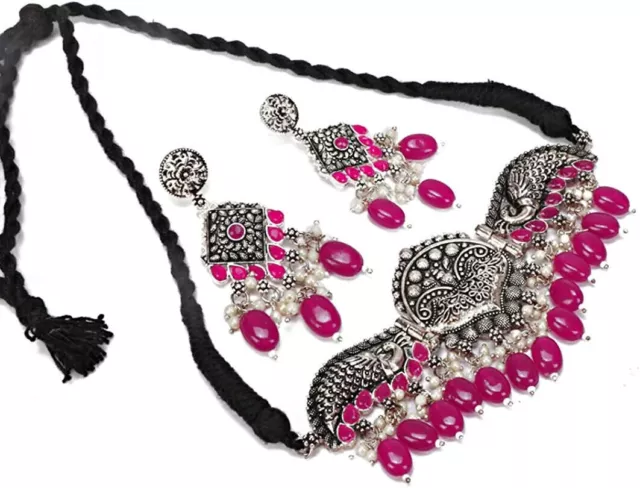 Handmade German Silver Fashion Pink Stone Indian Pearl Stone Choker Necklace Set