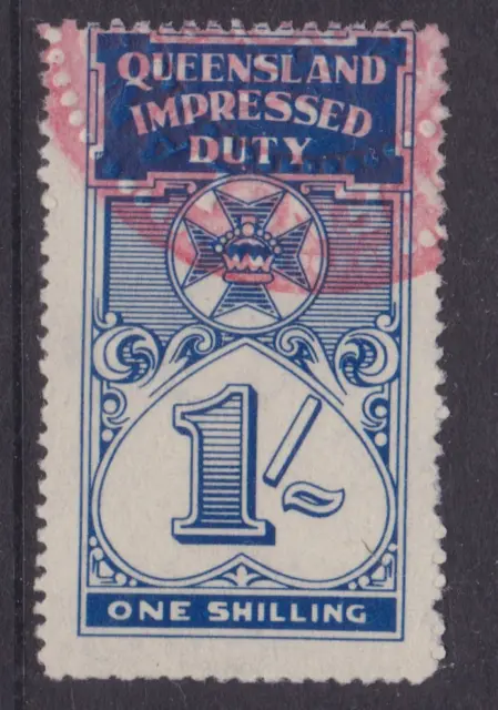 QUEENSLAND 1939 1/- Blue IMPRESSED DUTY ROUGH PERFS REVENUE STAMP (NM41)