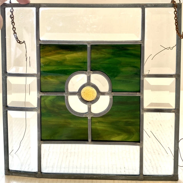 Beveled Stained Glass Panel Green Slag Glass & Center Stone 10 x 10 Vintage