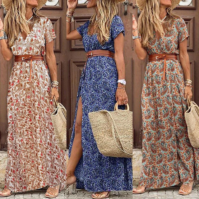 Boho Femmes Col V Floral Robe Maxi Femmes Été Vacances Plage Fête Robe *