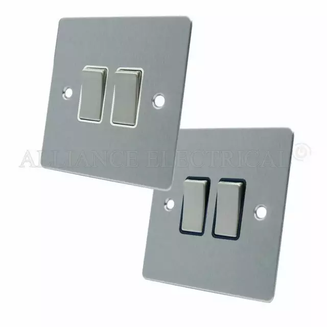 Brushed Matt Satin Chrome Flat 2 Gang Light Switch - 10 Amp Double 2G 2 Way