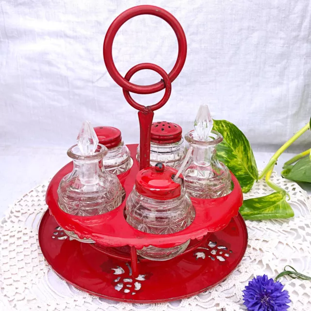 Serviteur à condiments de table plateau tournant métal rouge 6 pièces vintage