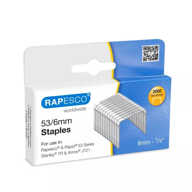 Rapesco 53/6mm Staples - Staple Gun Tacker Staples Heavy Duty (Box 2,000)