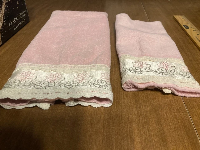 Vintage  Embroidery Lace Trousseau Hand Towel & Washcloth  Lace Trim Boho Shabby