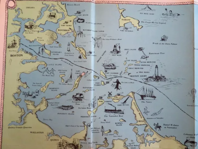 Boston Bay & Cape Cod Massachusetts c. 1940 cartoon pictorial map shipwrecks 2