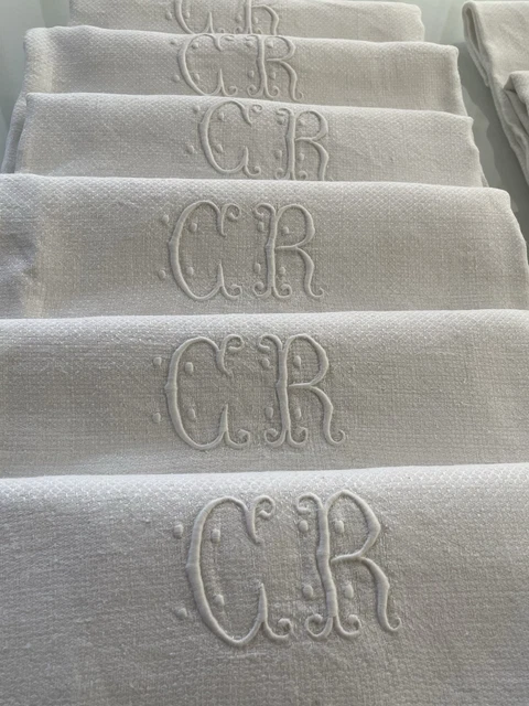Lot 4 serviettes damassé bleu bleu pastel monogrammes HD - Le Grenier