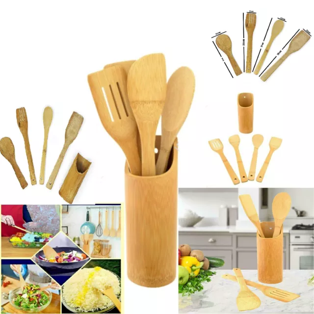 6 Piece Wooden Cooking Utensil Set Bamboo Kitchen Spatula Spoons