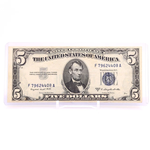 1953B $5 Five Dollar US Silver Certificate VINTAGE BLUE SEAL F1657 Smith Dillon