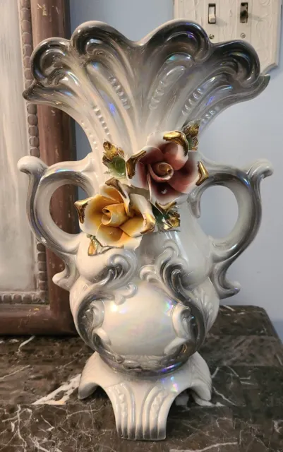 Vintage Large CAPODIMONTE Double Handle Urn Vase W/Flower Made in Italy 15.5"