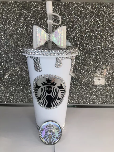 STARBUCKS COLD CUP SODA TUMBLER WITH STRAW BLING RHINESTONES GEMS  PERSONALISED