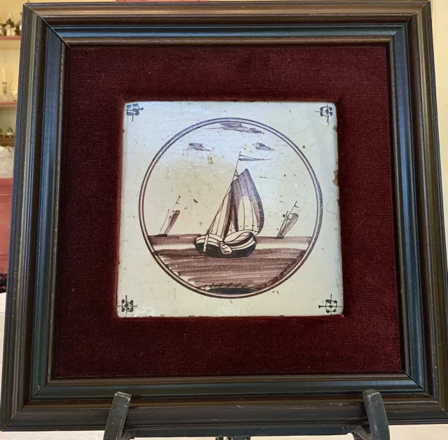 Dutch Delft Manganese Tile in Wood Frame c. 1800