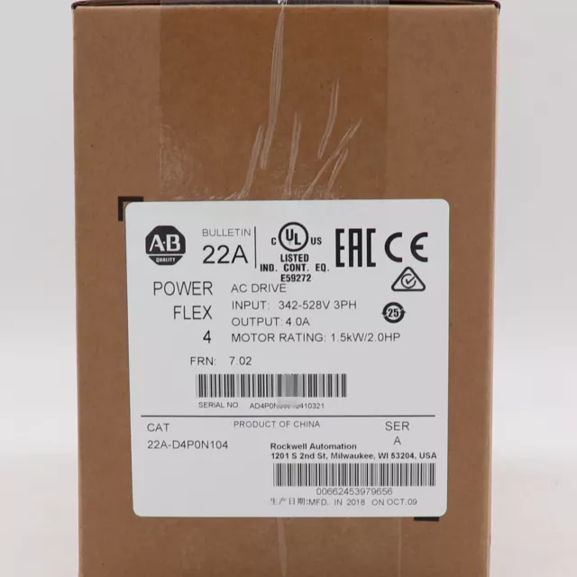 Allen-Bradley 22A-D4P0N104 PowerFlex 4- 1.5 kW (2 HP) AC Drive Factory Sealed