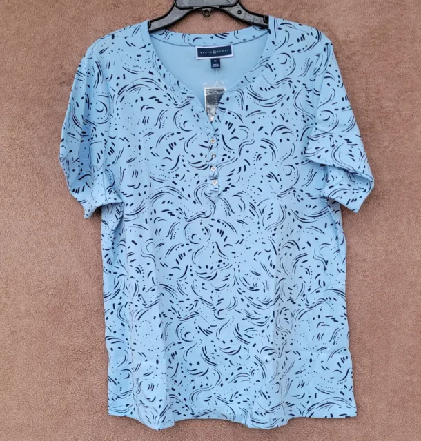 *NEW* Karen Scott Light Blue / Black Swirls Top Henley Neck Short Sleeve - NWT