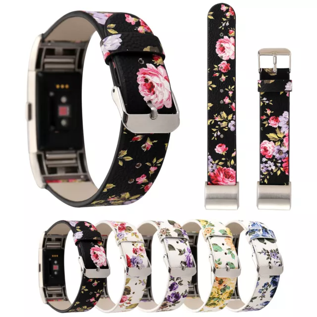 Flower Print Leather Replacement Watch Wristband Strap For Fitbit Charge 6 5 4-2