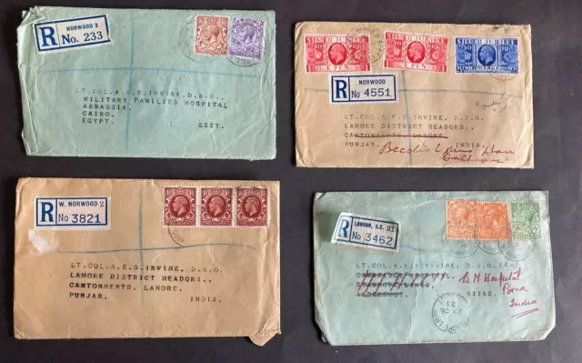 Postal History GB GV 4 Reg Covers to Lt Col Irvine DSO 3 to India, 1 to Cairo