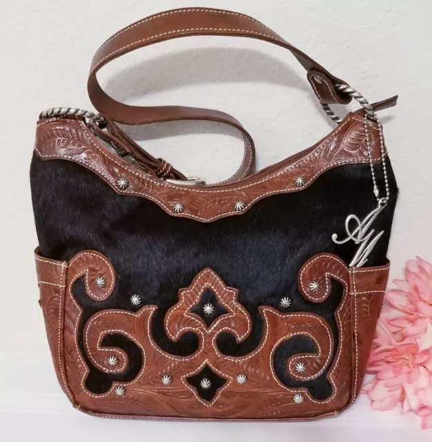 AMERICAN WEST Tooled BROWN/ BLACK CALF HAIR Studded LEATHER SHOULDER HANDBAG