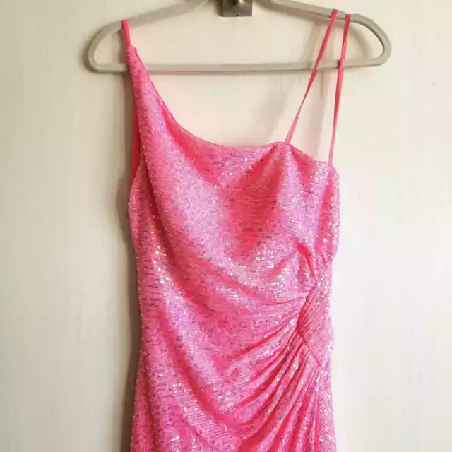 La Femme Women Pink Sequin Formal One-Shoulder Open Back Long Prom Dress Size 8 2