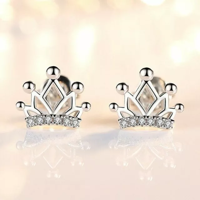 Womens Girls 925 Sterling Silver Crystal Crown Stud Earrings Jewellery Gift UK