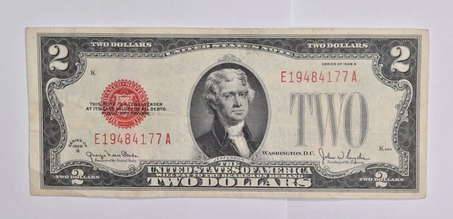 1928-G $2 RED SEAL US United States Note Avg Circ *0696