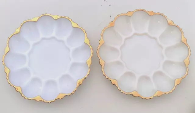 Set Of 2 Anchor Hocking Fire King Deviled Egg Plate Milk Glass Gold Trim 10”