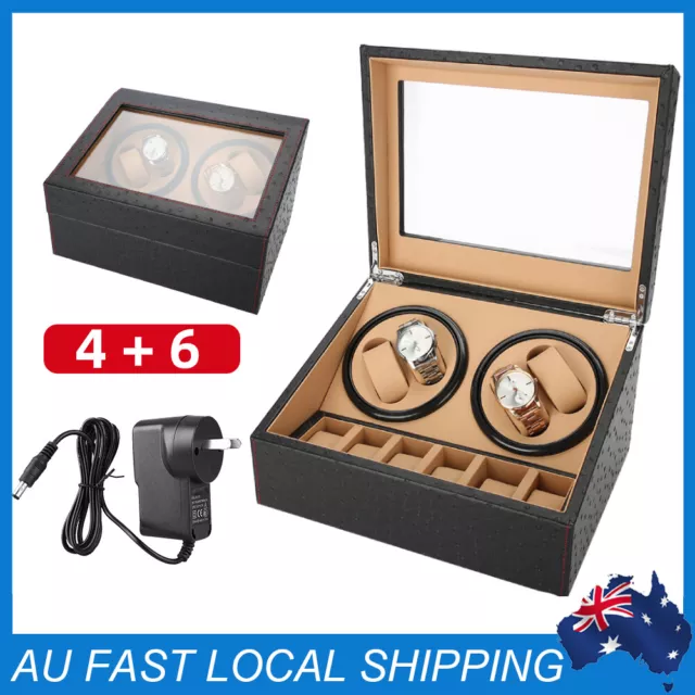 4+6 Luxury Automatic Dual Motor Watch Winder Display Box Leather Storage Case AU