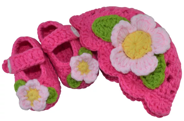 Infant Booties & Hat Set - Deep Pink/Light Pink Flower (0-3 Months)