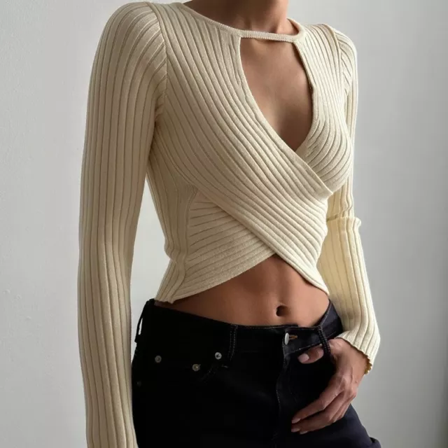 Womens Sexy Knitted Cropped Tops Slim Shirt Round Neck Hollow Out Long Sleeves