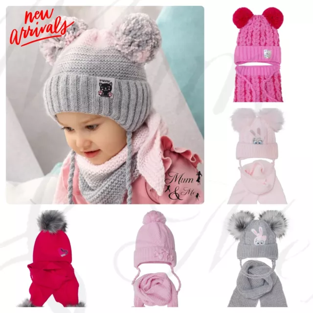 NUOVO berretto con cappuccio invernale carino per bambine bambino bambino lavorato a maglia con sciarpa cravatta caldo