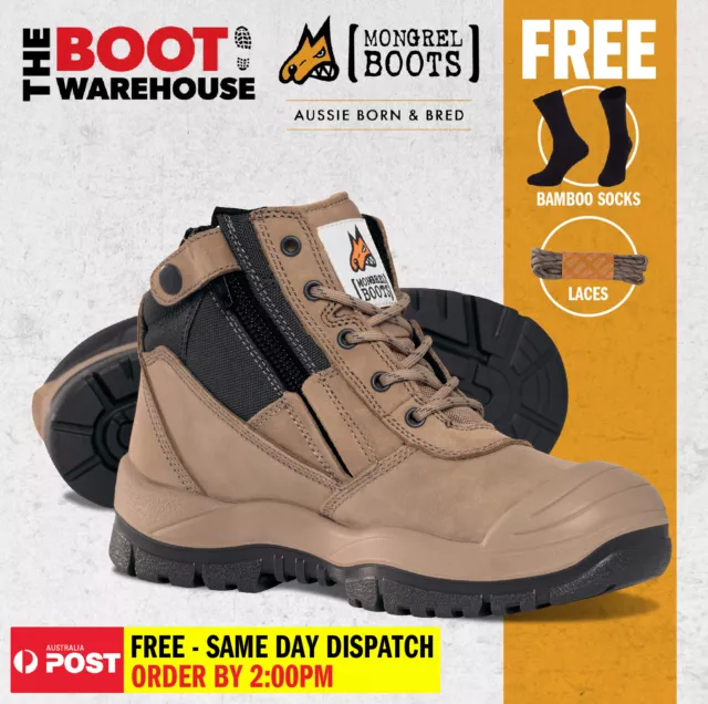 Mongrel 461060 Work Boots Steel Toe Safety STONE Zip SCUFF CAP! AU  STOCK !