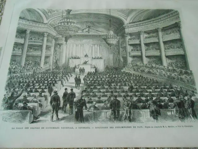 Gravure 1871 - La salle des séances assemblée nationale à Bordeaux