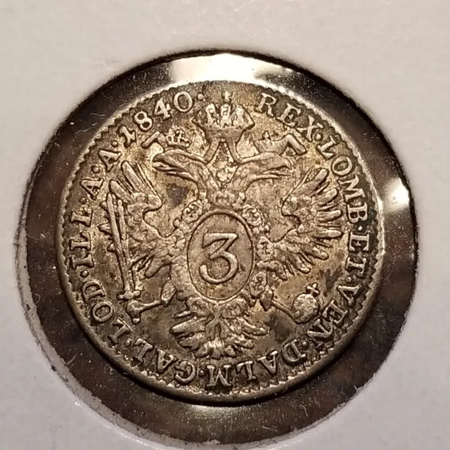 1840-A Austria 3 Kreuzer Coin .346 Silver - Ferdinand I  High Grade/Au - #A9051