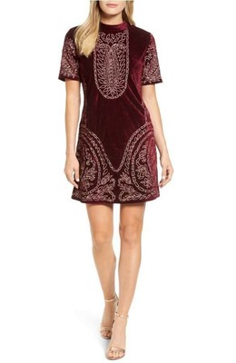KAS New York Lilly Velvet Embroidered Boho Shift Dress sz L NWTs red burgundy 
