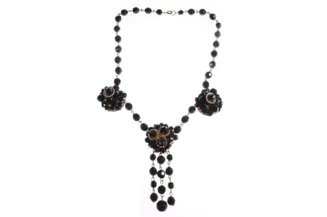 Black vintage french jet beaded necklace with flower detail
