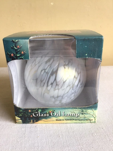 Vtg New Traditions White Bubble Round Handblown Cloth Wick Art Glass Oil Lamp