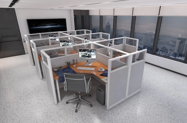 5x5 Cubicles- 51″ H- 6 MAN  L Shape Glazed PACKED Office Workstations-U